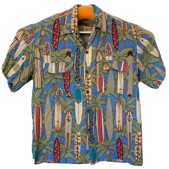 Reyn Spooner Button Down Shirt Short Sleeve Surfing Board Ocean Blue Ray… - Picture 1 of 8